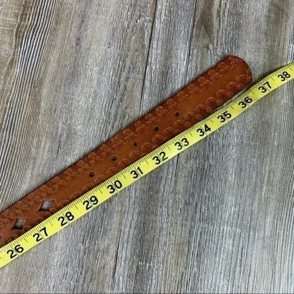 Brown Tooled Punched Leather Belt Gold Tone Metal Hardware and Stud Embellished - Picture 5 of 10